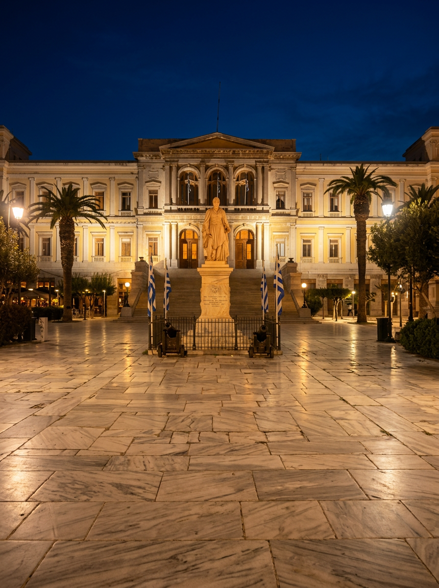 Syros Town Hall at night in Miaoulis Square